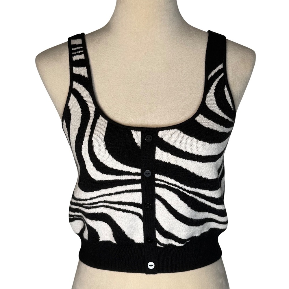SO Black White Zebra Swirl Button Front‎ Knit Cropped Sweater Tank Top Medium